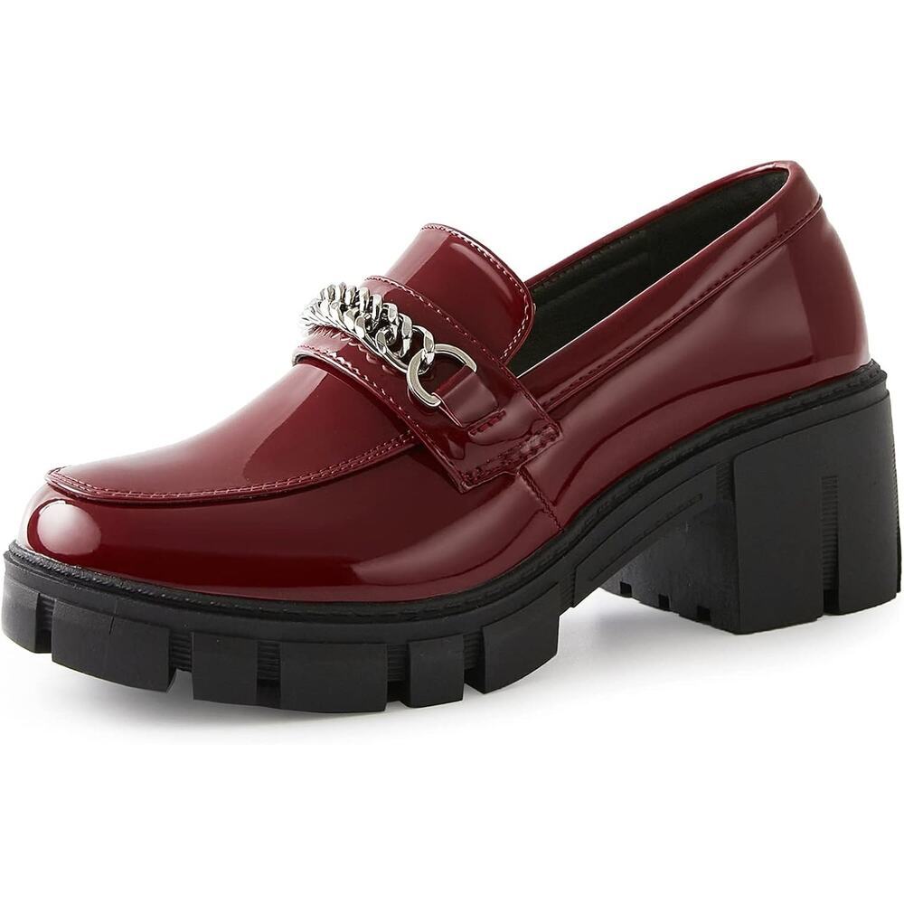 Women's Oxford Platform Shoes Chain Loafers & Slip-On Chunky Heel Wine SZ 9